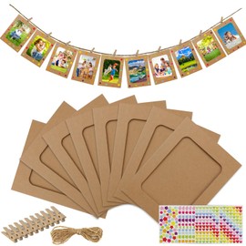 50 Pcs Paper Picture Frames 4 x 6 Inch Paper Photo Frame Cards with 12 Stickers Cardboard Picture Frames Art Frame Art Display Frame with 50 Clips and 5 Strings for DIY Wall Decor (Brown)