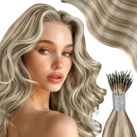 Moresoo 1g/s Nano Ring Hair Extensions Human Hair Light Brown with Platinum Blonde Nano Beads Human Hair Extensions 14 Inch Nano Hair Extensions 50g/Pack #P9A/60
