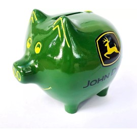 John Deere - Piggy Bank Farm Collection - Polyresin - Tractor - Boot - Cow - Pig - Green Piggy Bank - 5x4x4"