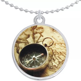 NewCharms Old Compass and Map Round Pendant Necklace Beautiful Fashion Jewelry