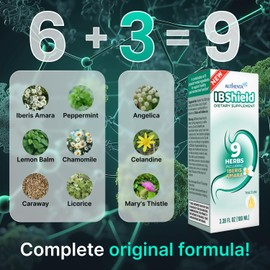 IBShield Tincture 100ml | 6+3=9 Herbs | Iberis Amara, Peppermint, Chamomile, Lemon Balm, Caraway, Licorice, Angelica, Celandine & Mary's Thistle | Original Herbal Formula Supports Digestive Wellness