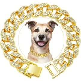 Diamond Cuban Link Dog Collar,15mm Wide Metal Necklace with Crystal Accents,Adjustable Gold Chain Collar for Small, Medium, and Large Dogs and Cats(16 Inch)