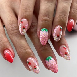 24Pcs Summer Fruit Press in Nails Short Almond Fake Nails 3D Strawberry Stick on Nails Cute Flower False Nails Gradient Red Acrylic Nails Strawberry Daisy Glue on Nails for Women Nail Art Designs