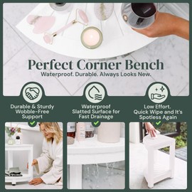 ROHKEX Waterproof Corner Shower Stool - White Waterproof Shower Bench for Shaving Legs & to Sit On - Easily Assembled Corner Bench & Shelf - Restroom Organizer - Restroom Home Decor