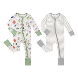 Teach Leanbh Unisex Baby 2 Pack Cotton Pajamas with Mittens and Feet Cuffs 2 Way Zipper Long Sleeve Romper Sleep and Play (Planet+Grey Stripe, 3-6 Months)