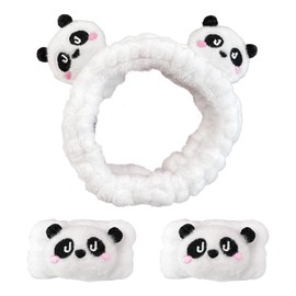 JazSwirl Spa Headband Wrist Bands for Washing Face, 3 Pcs Black White Panda Face Wash Headbands, Kawaii Panda Headband Arm Bands Cute Animal Spa Wristbands Makeup Headband Skincare Headband (White, M)