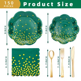 Boocikey 150 PCS Green Party Decorations,Green Plates and Napkins Party Supplies for 25 Guests,Scalloped Green Paper Plates with Gold Dot for Birthday Wedding Graduation St Patricks Day Decorations