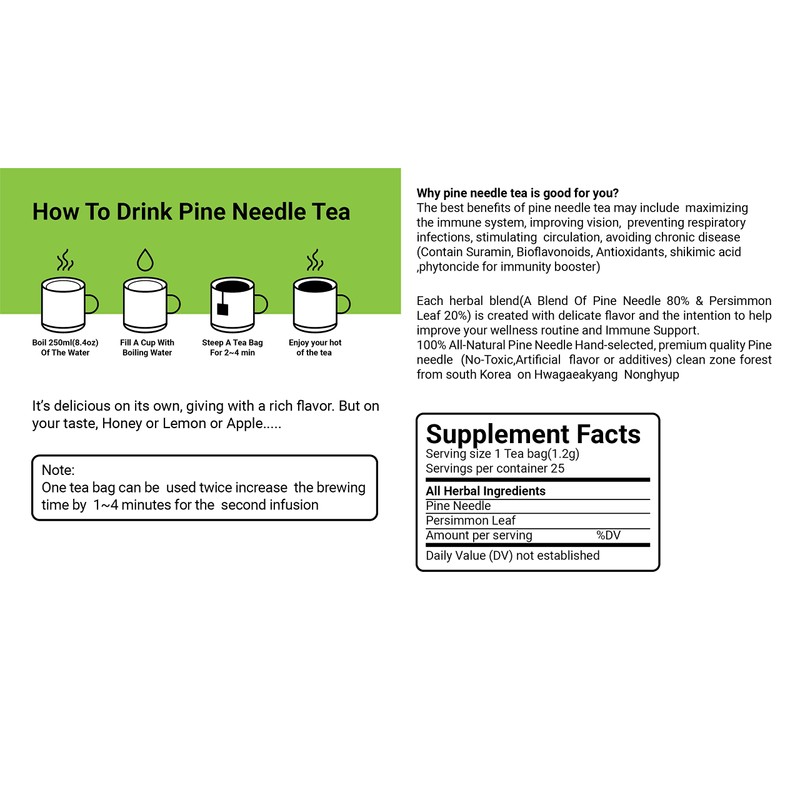Organic Natural Pure Pine Needle Tea (2 Box(50 Tea Bag))-Individually