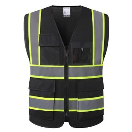 HATAUNKI Reflective Safety Vest for Men Women High Visibility Vest with 8 Pockets and Front Zipper Mesh Reflective Vest Meets ANSI/ISEA Standards (Black-07, XX-Large)