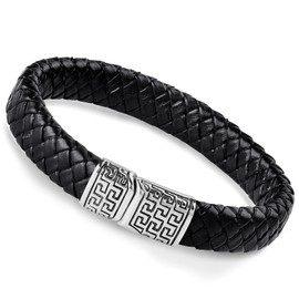 FIBO STEEL Stainless Steel Braided Leather Bracelet Cuff Bracelet for Men 8.5 inches Black
