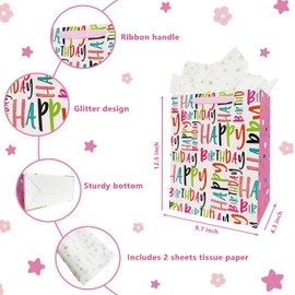 OFIHANLY 12.5" Medium Happy Birthday Gift Bag with Handles for Women,Paper Gift Bags for Her,Girls Kids Baby Shower Pink Paper Bag with Tissue Paper,1Pcs