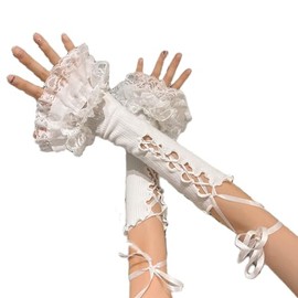 Baynoyia Lolita Mesh Lace Fingerless Gloves for Women Gothic Bowtie Arm Sleeves Y2K Tulle Long Gloves Wedding Bridal Prom Wrist Cuff (Tie White, One Size)