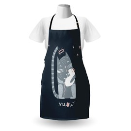 Ambesonne Kissing Apron, Nocturnal Themed Cartoon Demonstrated Cat Motif Caring Mouse Meow, Unisex Kitchen Bib with Adjustable Neck for Cooking Gardening, Adult Size, Dark Slate Blue Blue Grey
