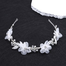 Oriamour Flower Girl Headpiece Ivory Tulle Flowers Wedding Headband for Girls, Princess Pearl Hair Accessories for Birthday Party, First Communion Flower Leaves Design