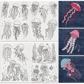 DOODLREAM 16Pcs Jellyfish Embroidery Pattern Stabilizers, 21 x 29.7cm Ocean Creature Water Soluble Stick and Stitch Embroidery Stickers, 4 Sheets Jellyfish Seagrass Hand Sewing DIY Embroidery Paper