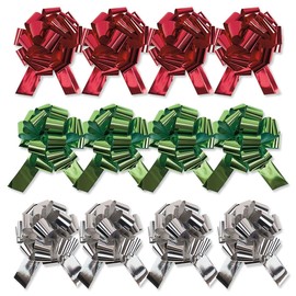 Current Metallic Christmas Pull Bows Value Pack, 5" Pull Bows- Set of 12, Makes Bows with Tie-On Ribbon, Easy Flat Storage, 4 Each of Red, Green & Silver Foil Holiday Gift Wrap