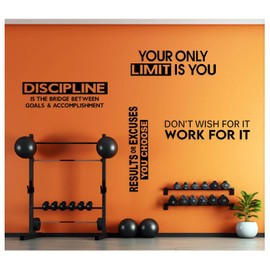 Gym Wall Decals (Set of 4) saying, 40" wide Home Gym Vinyl Decal - Fitness Center Decor, Garage Gym Idea Your Only Limit is You, Results or Excuses, Discipline | Black or white (Black Matte)