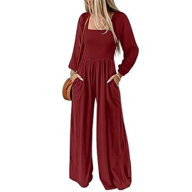 Dokotoo Womens Plus Size Red Jumpsuits for Women Overalls Loose Casual Wide Leg One Piece Long Sleeve Solid Jumpsuit Long Pant Rompers with Pockets X-Large