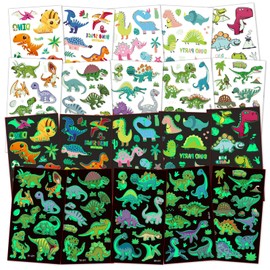 AOMIG Temporary Tattoo for Kids, 10 Sheets Glow In The Dark Cartoon Dinosaur Tattoo Stickers, Waterproof Luminous Fake Tattoo Stickers Set for Boys Girls Birthday Gift Party Bag Filler