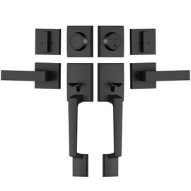 TICONN Double Front Door Handle Set, Heavy Duty Square Door Lever and Single Cylinder Deadbolt Combo for Side by Side Entrance Exterior Doors (Matte Black)