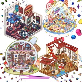 4 Sets DIY 3D Mini Vintage House Sticker Scenes with Tweezers Make Your Own Smoothie Burger Shop Teacup World Scene Stickers Cute Micro Animal Room Stickers for Relief Stress Pass The Time