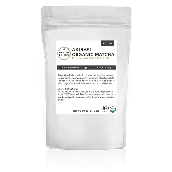 Akira Matcha - Organic Premium Japanese Matcha Green Tea Powder - First Harvest, Radiation Free, No Additives, Zero Sugar - USDA and JAS Certified 454g (16oz) Bag