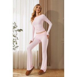 M_Eshop 2 Piece Set Women Outfit Lounge Sets Skims Long Sleeve Top And Flare Leggings Fold Over Yoga Pants Pajamas Set (Pink, Medium)