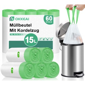 OKKEAI Bin Liners 15L White with Handle Small Bin Bags Pack of 60