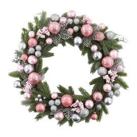 Fruasio Christmas Wreath with LED Light, Pink Silver Green Pine, 20 Inch Round Traditional Holiday Decor with Metallic Ornaments, Indoor Outdoor Winter Door Wall Decoration
