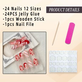 Jremg Christmas Press on Nails Short Almond Fake Nails with Red Santa Hat Designs Glossy Candy Cane False Nails Xmas White Stripes Full Cover Acrylic Nails for Women Girls Manicure Nail Decor 24Pcs