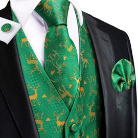 Hi-Tie Green and Gold Reindeer Christmas Vest For Men Silk Xmas Festival Holiday Waistcoat Necktie Pocket Square Cufflinks Xmas Set