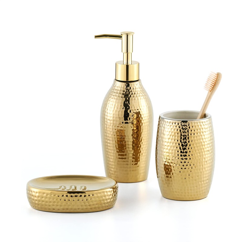 Gold Bathroom Accessory Set - 3 Piece Decorative Ceramic Bathroom