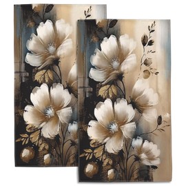SAYOUZ Abstract Golden White Flowers Bouquet 2 Pack Hand Towels for Bathroom, Highly Absorbent Soft Hanging Kitchen Dish Towel Spa Gym Towels for Home Decor & Gift Idea,14"X28"