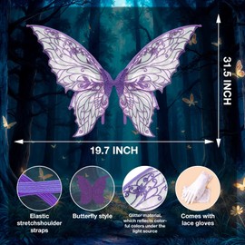 YKW Fairy Wings for Women with Lace Gloves, Large Butterfly Cosplay Wings, Iridescent Costume Wings for Party Photography Props Adult Dress Up Accessories (Purple)