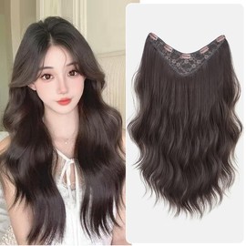 YIYU One-touch V Hair Extension, Collar Wig, Long Straight Hair Extension, Half Wig, One Touch Wig Part (Dark Brown, 21.7 inches (55 cm)