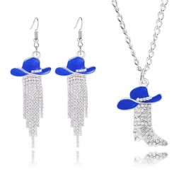 ONLYJUMP 2 Pcs Western Earrings Necklace Jewelry Shinny Rhinestone Cowlady Earrings Sparkly Rhinestone Tassels Necklace Wild West Country Jewelry (Blue)