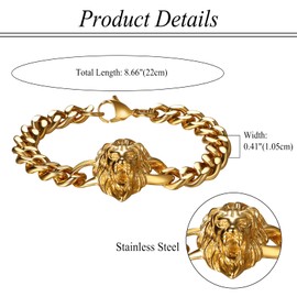 Rofusn Lion Head Heavy Bracelet Wristband Stainless Steel Gothic Mens Biker Link Curb Chain Bangle Jewelry Gifts-Gold
