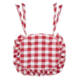 VHC Brands Farmhouse Country Annie Buffalo Check Red Ruffled Chair Pad with Fabric Ties 16.5x18