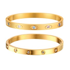 Gold Bracelets for Women - 2Pcs 18K Gold Plated Love Cubic Zirconia Bangle Crystal Friendship Bracelet Jewelry,Wedding Party Christmas Valentine's Day Birthday Gifts for Her Girlfriend Sister