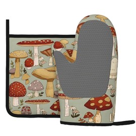 Mushroom Kitchen Cooking Oven Mitts,Heat Resistant Oven Mitts and Pot Holder Set,Silicone Kitchen Oven Glove,BBQ, Cooking, Baking,Grilling Protect Mitts