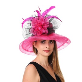 Fascinator Women's Organza Church Kentucky Derby British Bridal Tea Party Wedding Hat Summer Ruffles Cap(Hj-Rose Black)