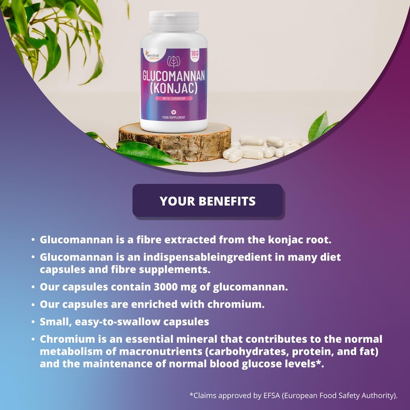 Glucomannan (Konjac) 3000 mg High Dose Capsules with Chromium, Vegan,