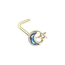 Covet Jewelry Golden Opal Crescent Moon & Star L-Shape Nose Ring