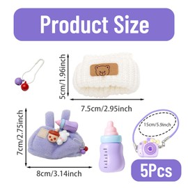 5 Pcs Doll Clothes for 17cm Plush Dolls, Includes White Knitted Hat, Lavender Overalls, and Purple Camera Accessories,Perfect for Doll Fashion and Play, Birthday Present for Adults Kids(No Doll)
