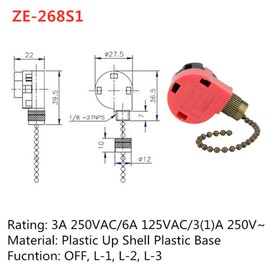 ZE-268S1 Ceiling Fan Switch Zing Ear 3 Speed 4 Wire Pull Chain Control Replacement for Fans, Wall Lamps, Cabinet Light, Antique 2PCS