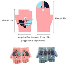 Cartoon Unisex Kids Fingerless Flap Cover Gloves - Convertible Flip Top Warm Mittens With Mitten Cover Cute Cartoon for 5-12 Ages Boys and Girls (Pink)