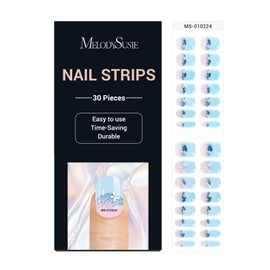MelodySusie 30PCS Semi Cured Gel Nail Strips (Blue Glitter French Tips), Works with Nail lamp, Salon Quality, Long Lasting, Easy to Apply and Remove, Includes 2 Prep Pads, Nail File and Wooden Stick
