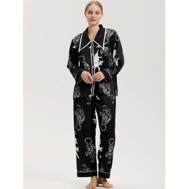 Husmeu Pyjamas for Women Soft Satin Tiger Print Silk Sleepwear for Women Long Sleeve Two Piece Button Down Sleepwear Loungewear Black L