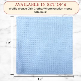 Vintage Vista 100% Cotton Waffle Dish Cloths (Pack of 6) - Dish Rags for Washing Dishes - Reusable & Highly Absorbent Kitchen Towels - Multipurpose Kitchen Rags - (12" x 12" - Light Blue)