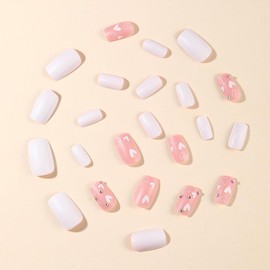 Matte White Heart Press on Nails Medium Square Fake Nails Glossy Nude Acrylic False Nails with Diamond Design Glue on Nails Reusable Stick on Nails for Women Valentine’s Day Nail Decorations, 24Pcs